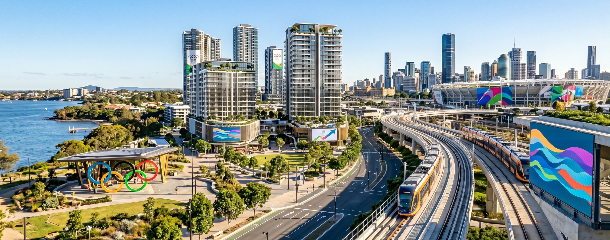 A modern, completed view of a transformed Brisbane waterfront precinct developed for the 2032 Olympic Games. The scene features multiple completed, high-rise residential towers with clean glass facades and active rooftop gardens. In the foreground, a vibrant public park with a iconic Olympic Rings structure is nestled by the water's edge, adjacent to a finished multi-lane boulevard. A sleek, modern light rail train travels along an integrated, elevated viaduct, running towards a large, finalized multi-purpose stadium complex with colorful exterior panels. No construction cranes or temporary structures are visible. The atmosphere is clear, polished, and futuristic, with no text on any buildings or screens.
