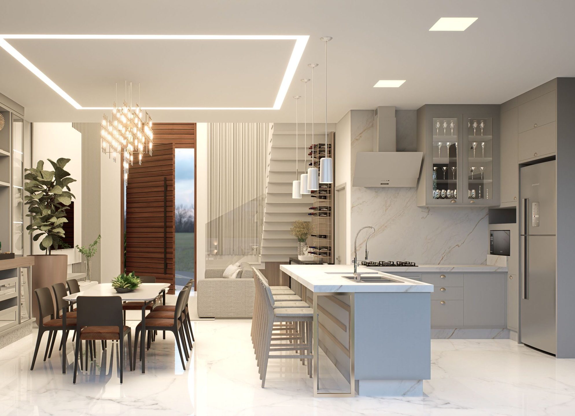 Professionally styled open-plan kitchen and dining area showcasing premium home staging.